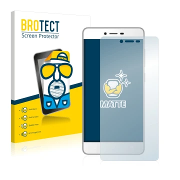 Parte frontal de un envase de producto con el logotipo de la marca BROTECT. Al lado se muestra el dispositivo Gionee F103 con 