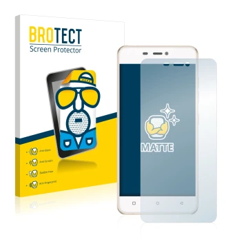 Parte frontal de un envase de producto con el logotipo de la marca BROTECT. Al lado se muestra el dispositivo Gionee Elife S5.