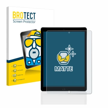 Parte frontal de un envase de producto con el logotipo de la marca BROTECT. Al lado se muestra el dispositivo Apple iPad Pro 1