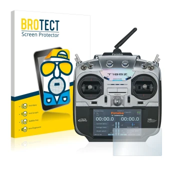 Parte frontal de un envase de producto con el logotipo de la marca BROTECT. Al lado se muestra el dispositivo Robbe Futaba T18