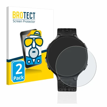 Parte frontal de un envase de producto con el logotipo de la marca BROTECT. Al lado se muestra el dispositivo Garmin Forerunne