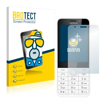Parte frontal de un envase de producto con el logotipo de la marca BROTECT. Al lado se muestra el dispositivo Nokia 230 con su