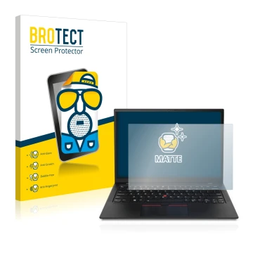 Parte frontal de un envase de producto con el logotipo de la marca BROTECT. Al lado se muestra el dispositivo Lenovo ThinkPad 