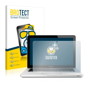 Parte frontal de un envase de producto con el logotipo de la marca BROTECT. Al lado se muestra el dispositivo Apple MacBook Pr