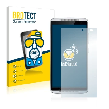 Parte frontal de un envase de producto con el logotipo de la marca BROTECT. Al lado se muestra el dispositivo Lenovo Vibe X3 (
