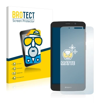 Parte frontal de un envase de producto con el logotipo de la marca BROTECT. Al lado se muestra el dispositivo Zopo Color S5.5 