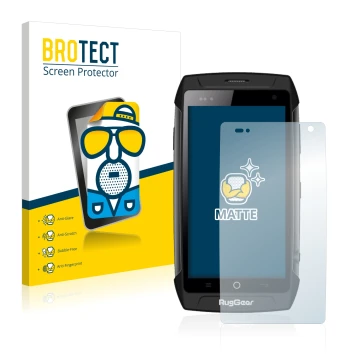 Parte frontal de un envase de producto con el logotipo de la marca BROTECT. Al lado se muestra el dispositivo RugGear RG730 co
