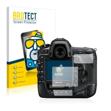 Parte frontal de un envase de producto con el logotipo de la marca BROTECT. Al lado se muestra el dispositivo Nikon D5 con su 