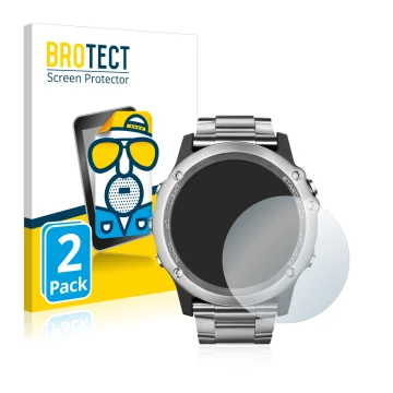 Parte frontal de un envase de producto con el logotipo de la marca BROTECT. Al lado se muestra el dispositivo Garmin Fenix 3 S