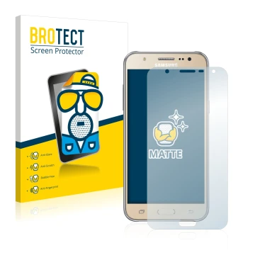 Parte frontal de un envase de producto con el logotipo de la marca BROTECT. Al lado se muestra el dispositivo Samsung Galaxy J