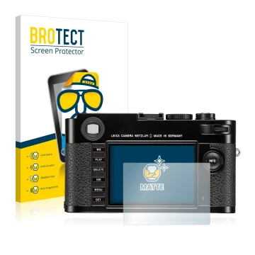 Parte frontal de un envase de producto con el logotipo de la marca BROTECT. Al lado se muestra el dispositivo Leica M (Typ 262