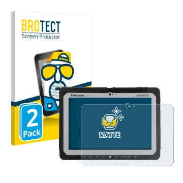 Parte frontal de un envase de producto con el logotipo de la marca BROTECT. Al lado se muestra el dispositivo Panasonic Toughb