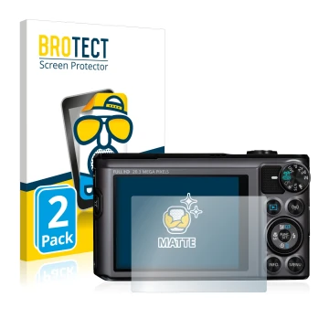 Parte frontal de un envase de producto con el logotipo de la marca BROTECT. Al lado se muestra el dispositivo Canon PowerShot 