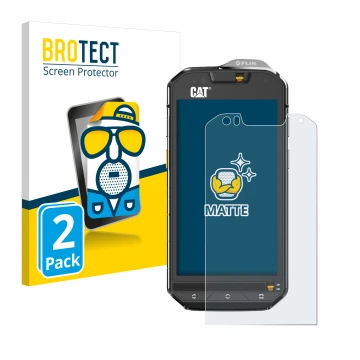 Parte frontal de un envase de producto con el logotipo de la marca BROTECT. Al lado se muestra el dispositivo Caterpillar Cat 