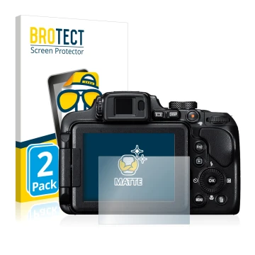 Parte frontal de un envase de producto con el logotipo de la marca BROTECT. Al lado se muestra el dispositivo Nikon Coolpix B7