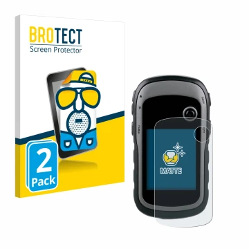 Parte frontal de un envase de producto con el logotipo de la marca BROTECT. Al lado se muestra el dispositivo Garmin eTrex 30x