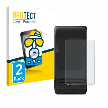 Parte frontal de un envase de producto con el logotipo de la marca BROTECT. Al lado se muestra el dispositivo Garmin vivoactiv