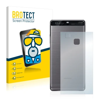 Parte frontal de un envase de producto con el logotipo de la marca BROTECT. Al lado se muestra el dispositivo Huawei P9 Plus (