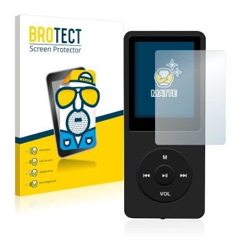 Parte frontal de un envase de producto con el logotipo de la marca BROTECT. Al lado se muestra el dispositivo AGPtek 8GB MP3-P