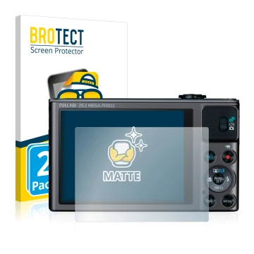 Parte frontal de un envase de producto con el logotipo de la marca BROTECT. Al lado se muestra el dispositivo Canon PowerShot 