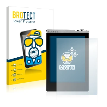 Parte frontal de un envase de producto con el logotipo de la marca BROTECT. Al lado se muestra el dispositivo Cowon Plenue D c