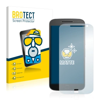 Parte frontal de un envase de producto con el logotipo de la marca BROTECT. Al lado se muestra el dispositivo Motorola Moto G4