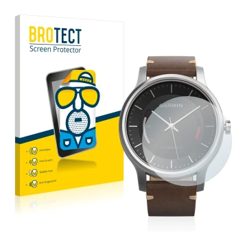 Parte frontal de un envase de producto con el logotipo de la marca BROTECT. Al lado se muestra el dispositivo Garmin vivomove 