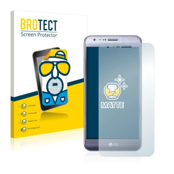 Parte frontal de un envase de producto con el logotipo de la marca BROTECT. Al lado se muestra el dispositivo LG X Mach con su