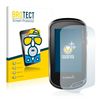 Parte frontal de un envase de producto con el logotipo de la marca BROTECT. Al lado se muestra el dispositivo Garmin Oregon 75