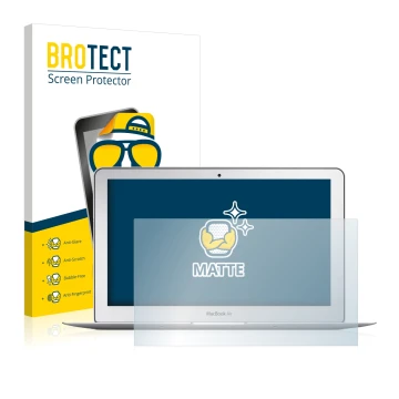 Parte frontal de un envase de producto con el logotipo de la marca BROTECT. Al lado se muestra el dispositivo Apple MacBook Ai