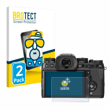 Parte frontal de un envase de producto con el logotipo de la marca BROTECT. Al lado se muestra el dispositivo Fujifilm X-T2 co