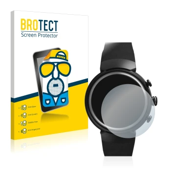Parte frontal de un envase de producto con el logotipo de la marca BROTECT. Al lado se muestra el dispositivo ASUS ZenWatch 3 