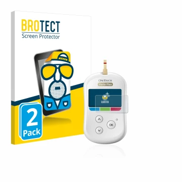 Parte frontal de un envase de producto con el logotipo de la marca BROTECT. Al lado se muestra el dispositivo LifeScan OneTouc