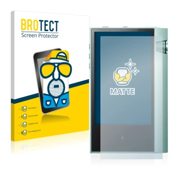 Parte frontal de un envase de producto con el logotipo de la marca BROTECT. Al lado se muestra el dispositivo Astell&Kern AK70