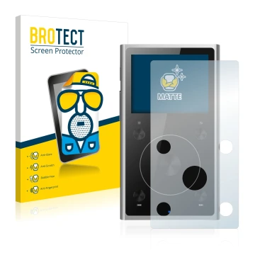 Parte frontal de un envase de producto con el logotipo de la marca BROTECT. Al lado se muestra el dispositivo FiiO X1 II con s