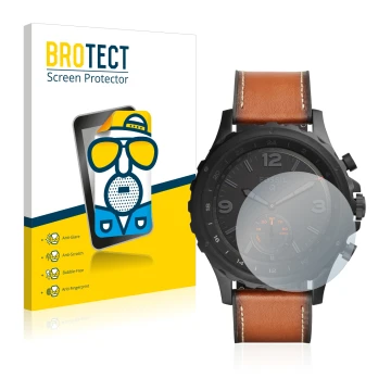 Parte frontal de un envase de producto con el logotipo de la marca BROTECT. Al lado se muestra el dispositivo Fossil Q Nate co