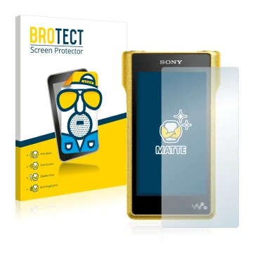 Parte frontal de un envase de producto con el logotipo de la marca BROTECT. Al lado se muestra el dispositivo Sony Walkman NW-