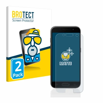Parte frontal de un envase de producto con el logotipo de la marca BROTECT. Al lado se muestra el dispositivo Samsung Galaxy A