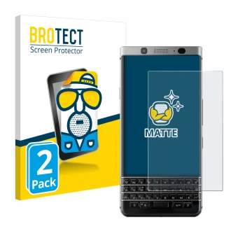 Parte frontal de un envase de producto con el logotipo de la marca BROTECT. Al lado se muestra el dispositivo BlackBerry Keyon