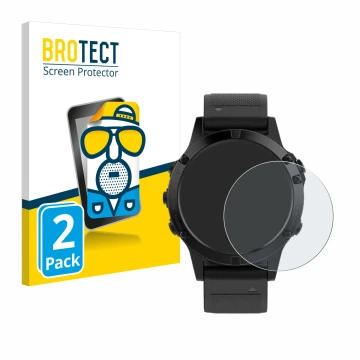 Parte frontal de un envase de producto con el logotipo de la marca BROTECT. Al lado se muestra el dispositivo Garmin Fenix 5 (