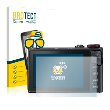 Parte frontal de un envase de producto con el logotipo de la marca BROTECT. Al lado se muestra el dispositivo Canon PowerShot 