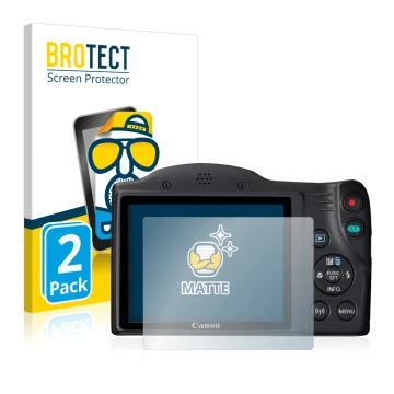 Parte frontal de un envase de producto con el logotipo de la marca BROTECT. Al lado se muestra el dispositivo Canon PowerShot 