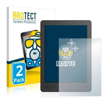Parte frontal de un envase de producto con el logotipo de la marca BROTECT. Al lado se muestra el dispositivo Kobo Aura Editio