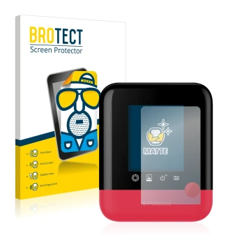 Parte frontal de un envase de producto con el logotipo de la marca BROTECT. Al lado se muestra el dispositivo Polaroid Pop con