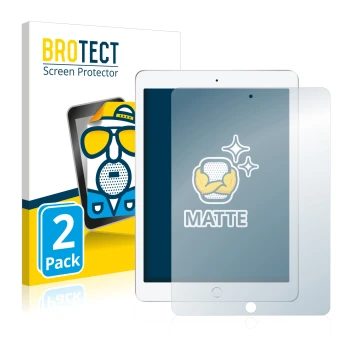 Parte frontal de un envase de producto con el logotipo de la marca BROTECT. Al lado se muestra el dispositivo Apple iPad 9.7 2