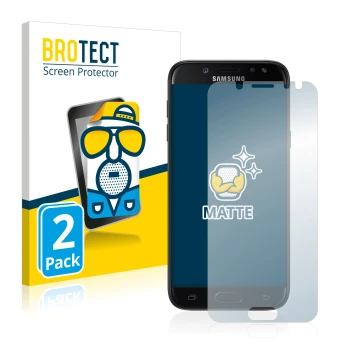 Parte frontal de un envase de producto con el logotipo de la marca BROTECT. Al lado se muestra el dispositivo Samsung Galaxy J
