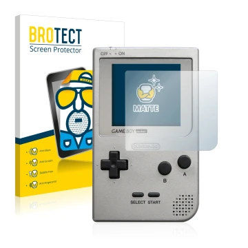 Parte frontal de un envase de producto con el logotipo de la marca BROTECT. Al lado se muestra el dispositivo Nintendo Gameboy