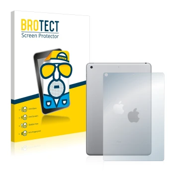 Parte frontal de un envase de producto con el logotipo de la marca BROTECT. Al lado se muestra el dispositivo Apple iPad 9.7
