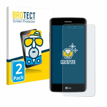 Parte frontal de un envase de producto con el logotipo de la marca BROTECT. Al lado se muestra el dispositivo LG K8 2017 con s