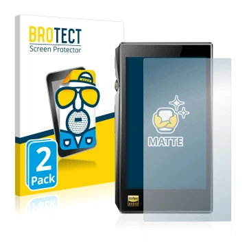 Parte frontal de un envase de producto con el logotipo de la marca BROTECT. Al lado se muestra el dispositivo FiiO X5 III con 